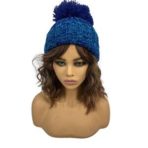 Knit Blue Pom Pom Beanie Hat By Gold Medal International One Size Fits Most